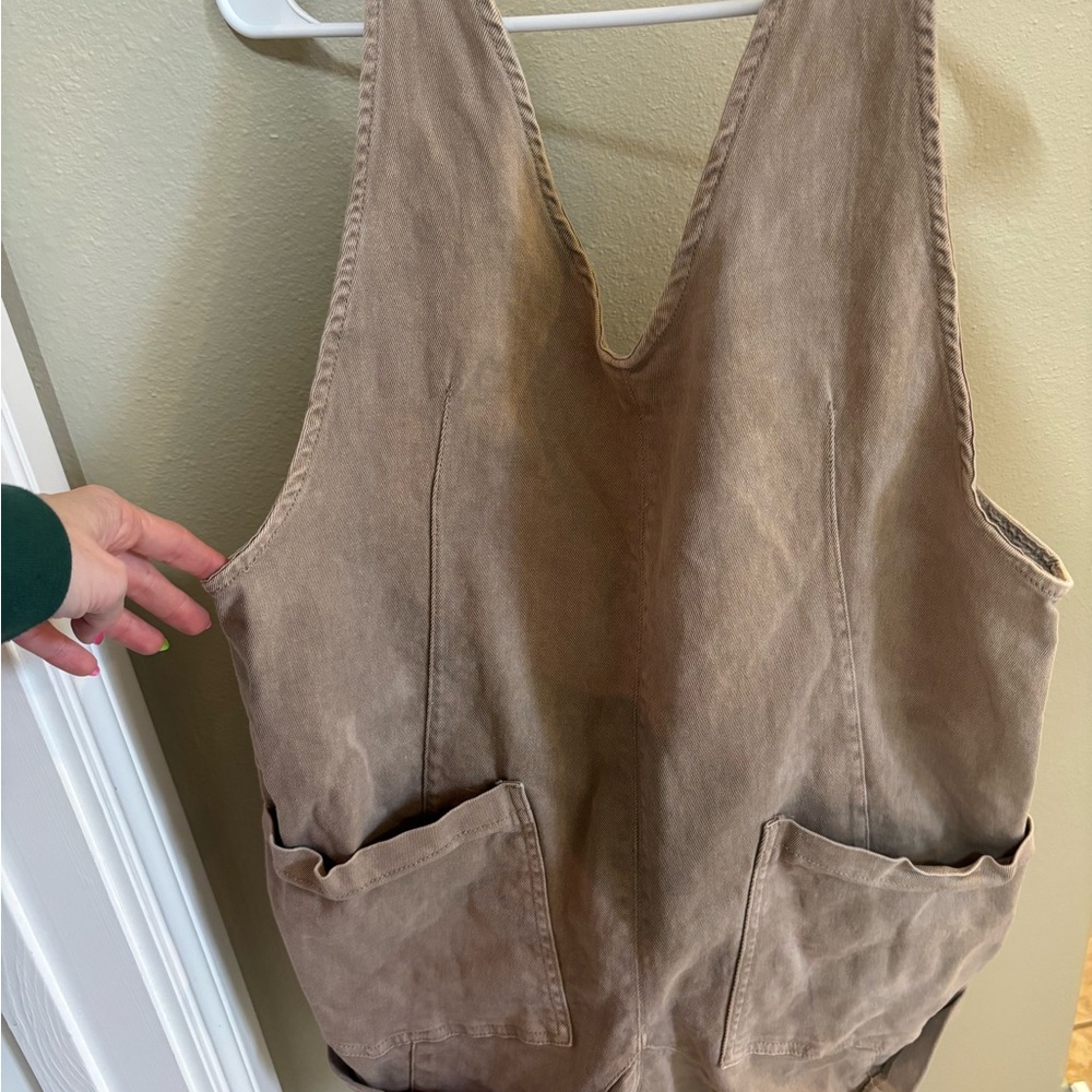 Zenana Outfitters Tan Sleeveless short overalls with Pockets